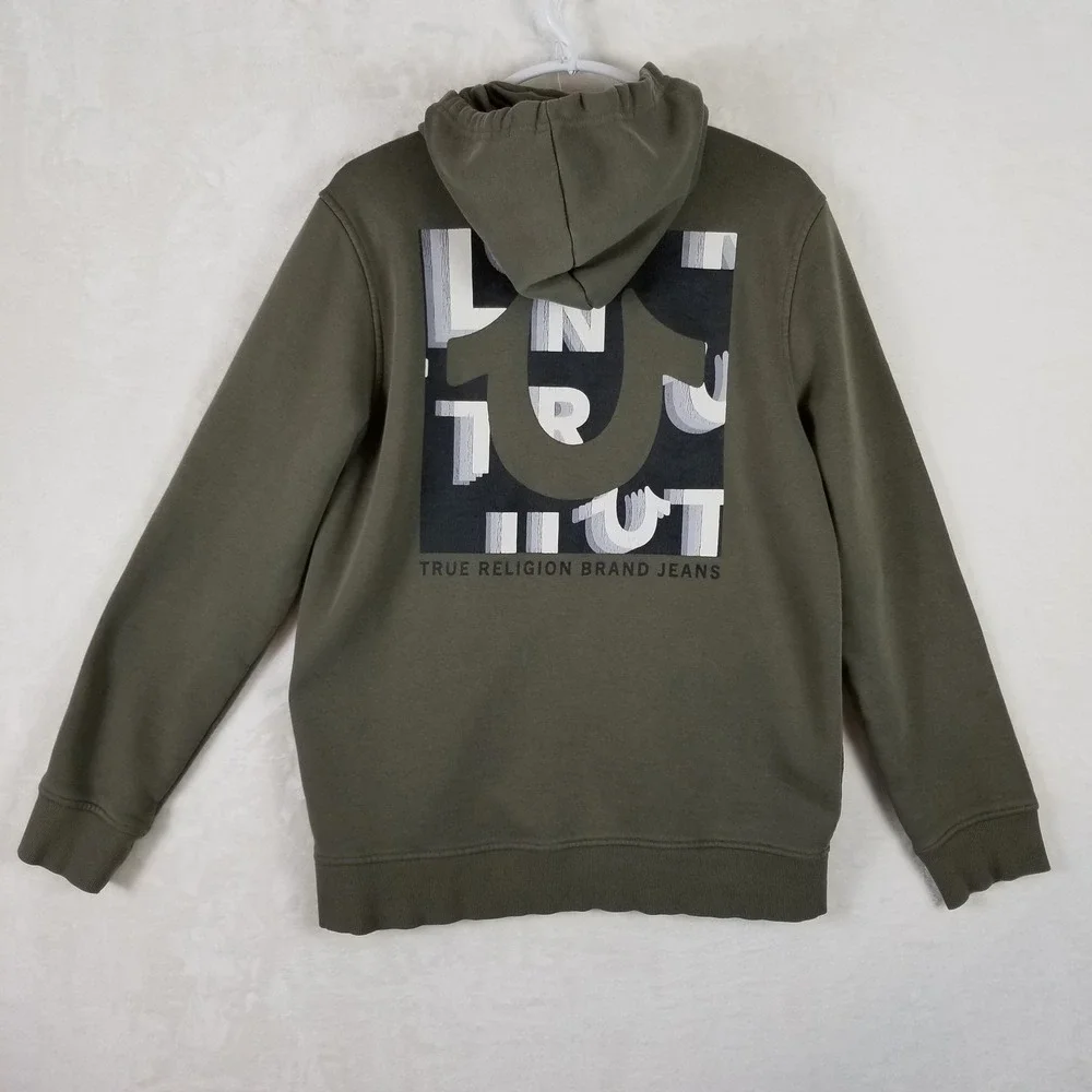 True‎ Religion Mens Olive Green Horseshoe Graphic Full Zip Hoodie Sweatshirt L